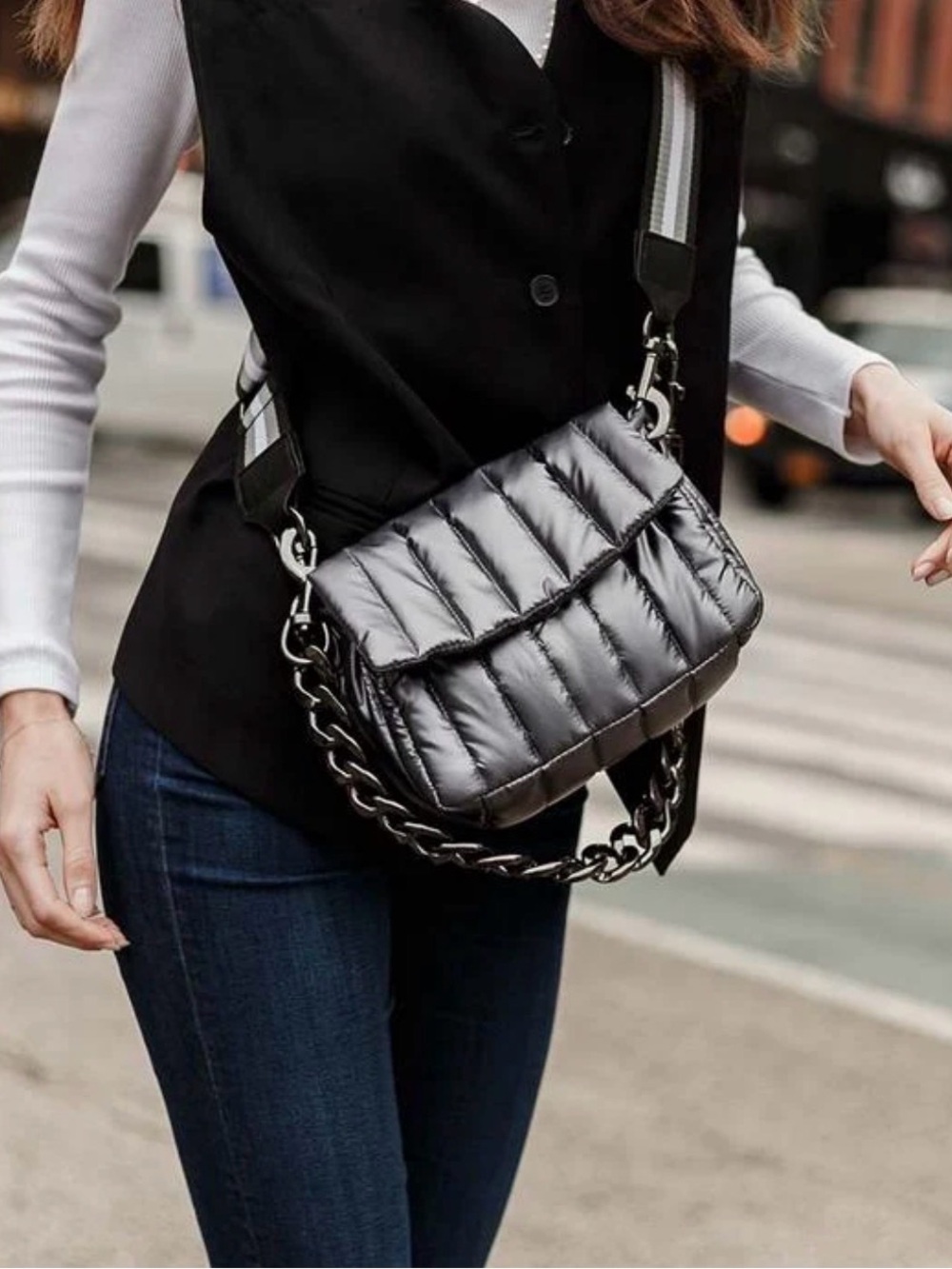 THINK ROYLN Petite Bar Bag Quilted Puffer Crossbody Bag in Black